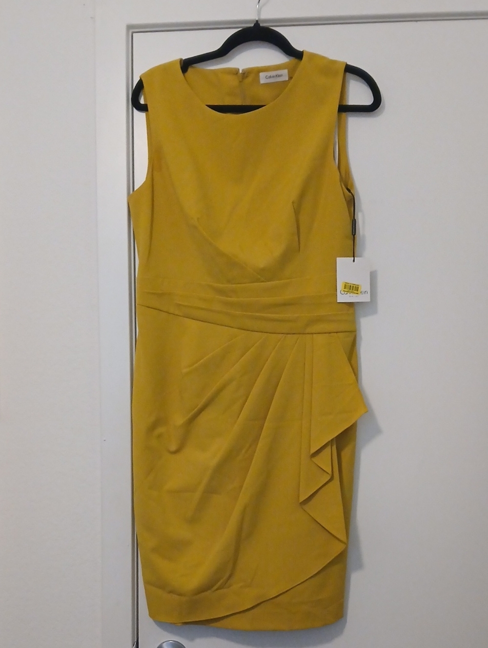 Calvin Klein Mustard Sheath Midi Dress with Draped Side Detail